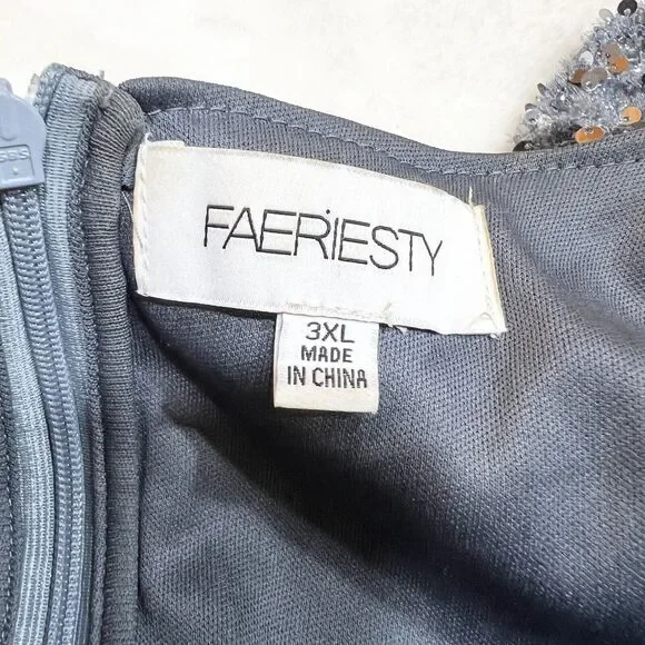Faeriesty Silver Gray Sequin Formal Gown Bodycon Oversized Ruffle Sleeves Sz 3XL - Picture 7 of 12